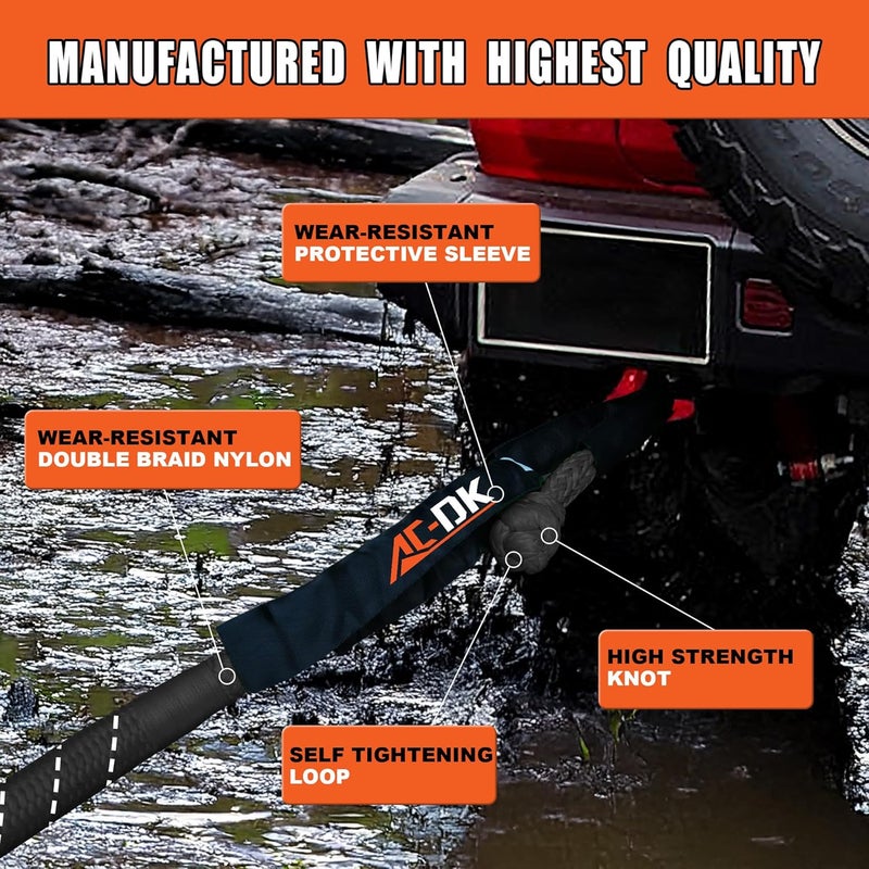 AC-DK Kinetic Recovery Rope (1in x 30ft ‎Black) 48000lbs Snatch Strap,Heavy Duty Stretch Nylon Towing Ropes with 2pcs Soft Shackles for Offroad Vehicle,Jeep,SUV,ATV,UTV,Tractor Elastic Ropes Kit - Image 5